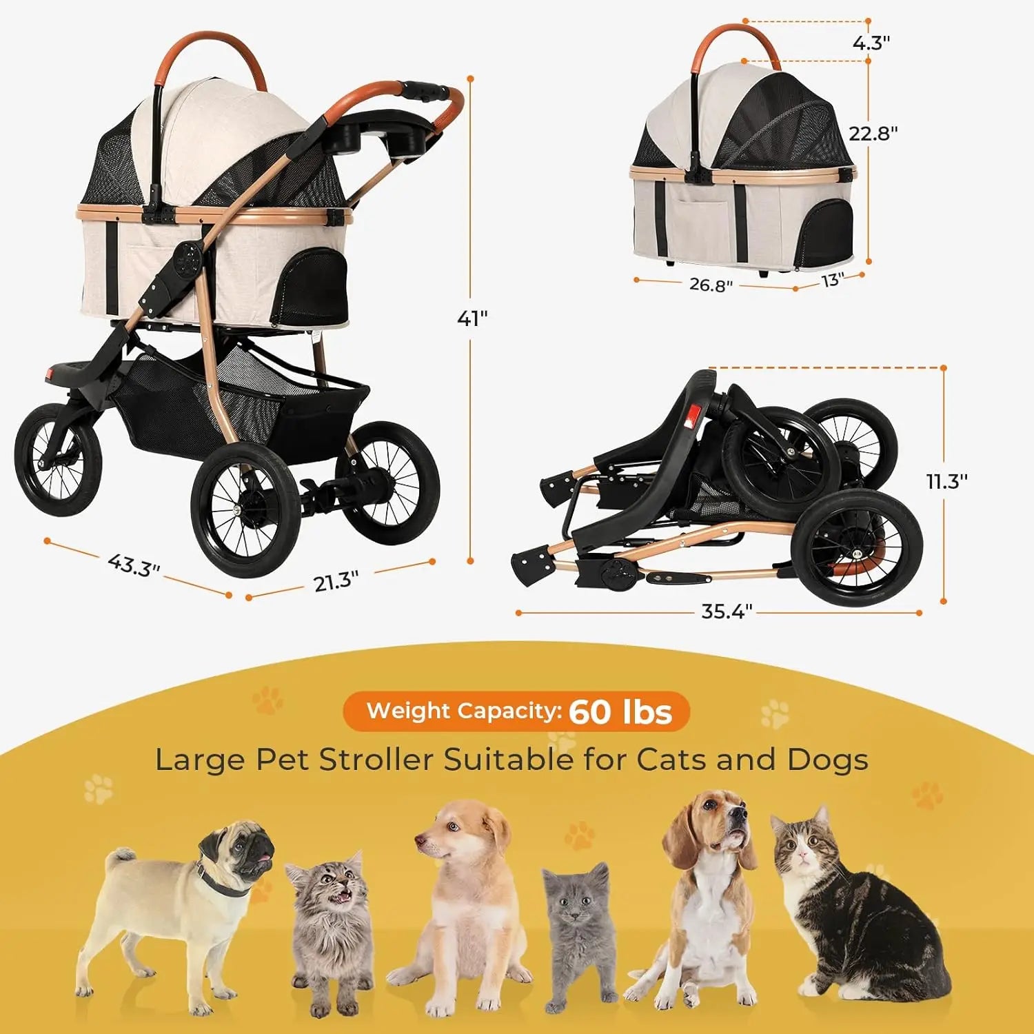 Premium 3-in-1 Pet Stroller for Cats and Dogs with Detachable Carrier